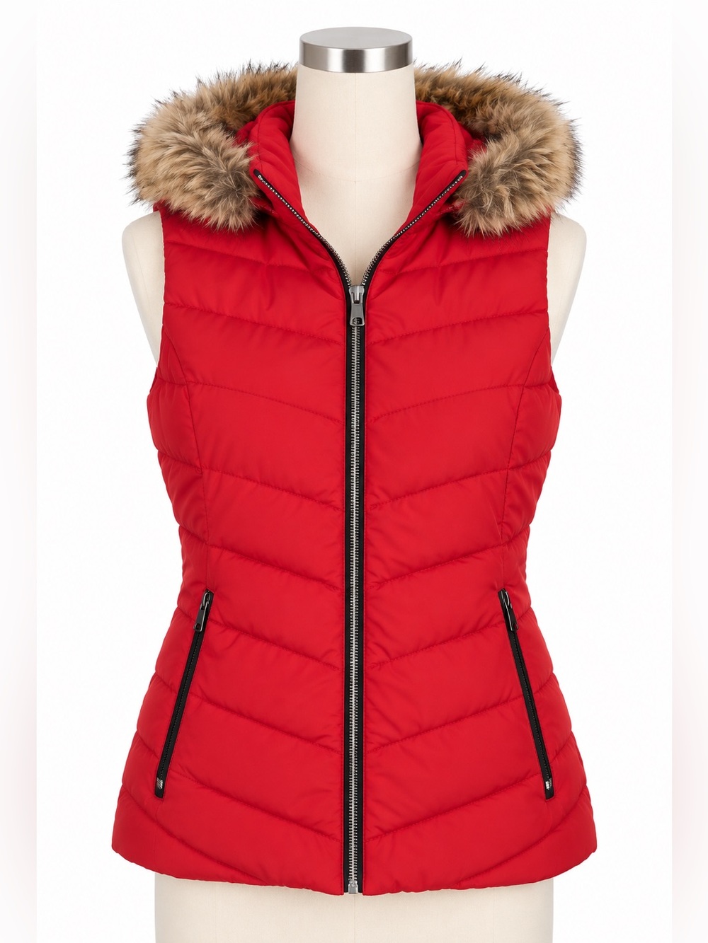 GAP Women’s Red Puffer Vest Faux Fur Hood Size L